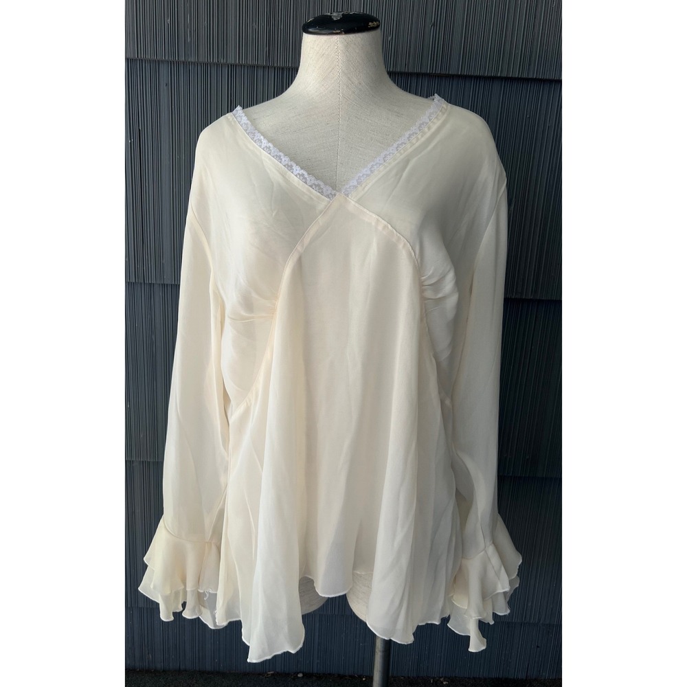 Magic Cream Lace Trim V-Neck Ruffle Chiffon Blouse Fairy Ren Faire Vintage 2X